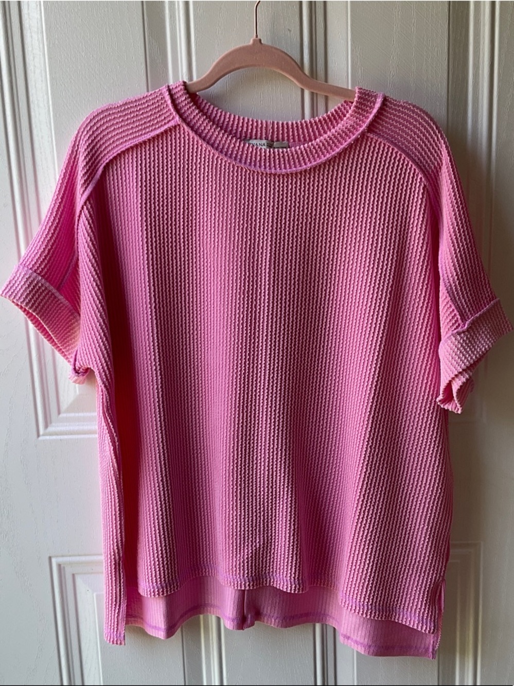 Zenana Outfitters Pink Waffle Knit Short Sleeve Top